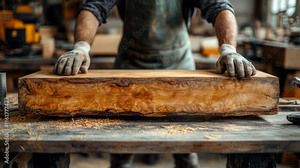 Carpenter holding rustic wooden slab in workshop with natural wood grain details. Carpenter holding rustic wooden slab in workshop with natural wood grain details.