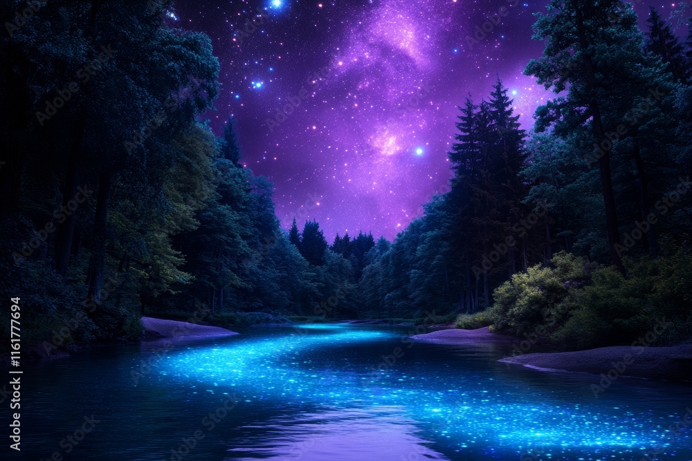 A magical river flowing through a dark forest under a vibrant purple and blue starry night sky scene view