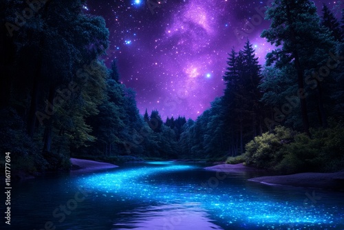 Obraz na płótnie A magical river flowing through a dark forest under a vibrant purple and blue starry night sky scene view w salonie