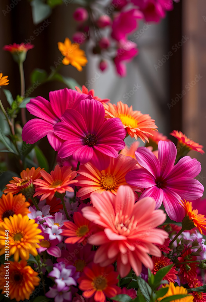 Fototapeta premium Vibrant flowers bloom with rich colors, creating a mesmerizing floral display that brings warmth and beauty to any setting, cinematic, with white tones
