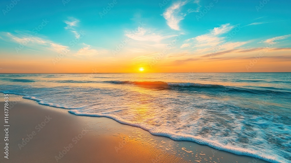 Obraz premium Golden Sunset Over Serene Ocean Beach