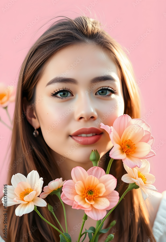 Beautiful girl with perfect clean skin and natural make-up looking at camera with flowers, collage style, with white tones Beautiful girl with perfect clean skin and natural make-up looking at camera with flowers, collage style, with white tones