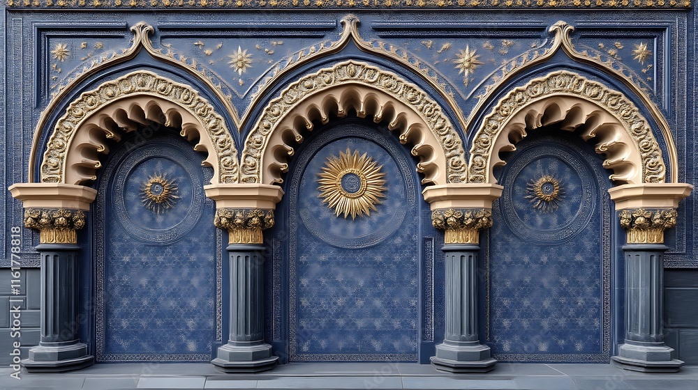 Obraz premium Ornate Blue Wall With Three Golden Arches