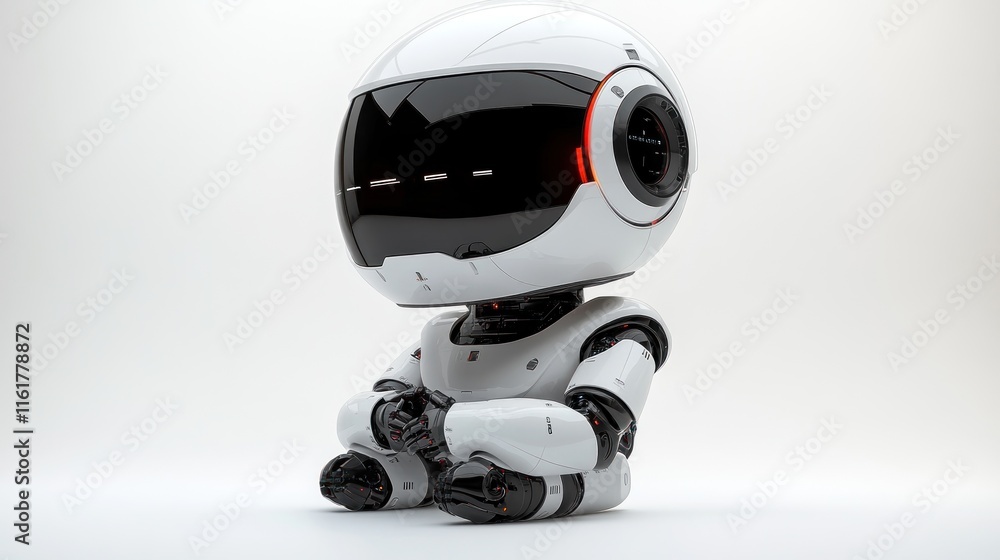 Cute small white robot sitting on floor. Cute small white robot sitting on floor.