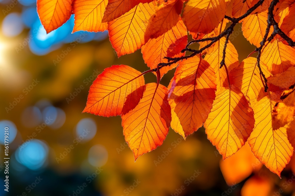 Fototapeta premium A close up of vibrant orange autumn leaves on a branch against a blurred background of blue and yellow hues