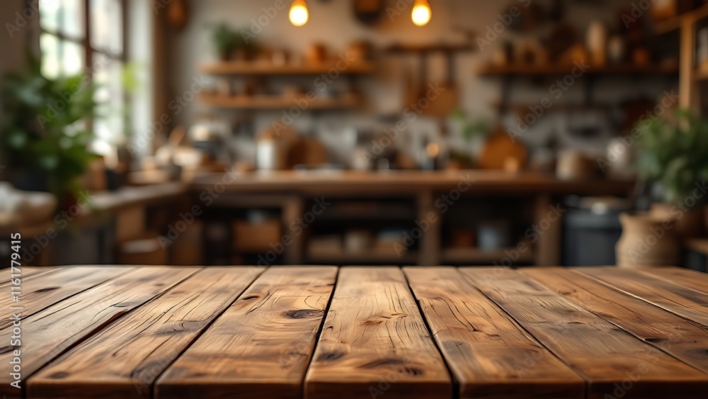 close up of empty wooden table with blurred industrial workshop factory background close up of empty wooden table with blurred industrial workshop factory background
