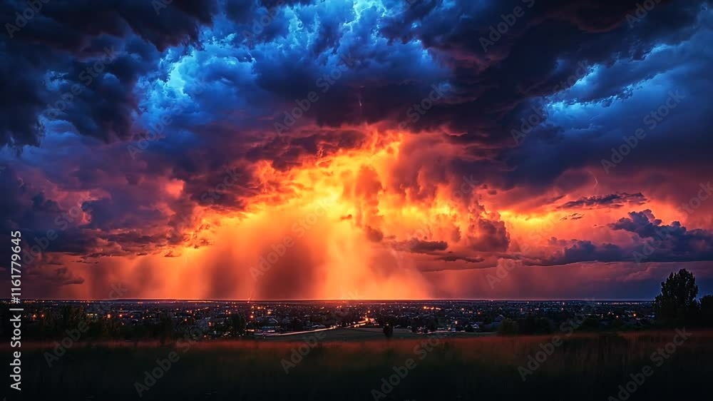 A dramatic sunset with lightning illuminating stormy clouds over a city landscape. A dramatic sunset with lightning illuminating stormy clouds over a city landscape.