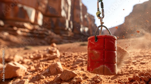 Red canister swinging over desert rocks. photo