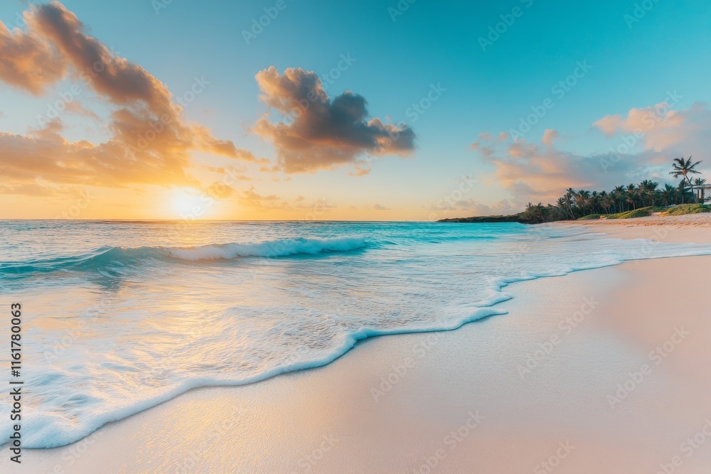 A serene beach scene at sunset with gentle waves and soft sand under a pastel colored sky landscape A serene beach scene at sunset with gentle waves and soft sand under a pastel colored sky landscape