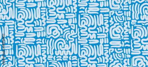 unique line doodle seamless pattern for kids birthday party or celebration background, trendy design with scribble shapes on blue backdrop.