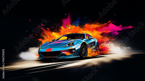 Dynamic Sports Car with Colorful Explosion Background photo