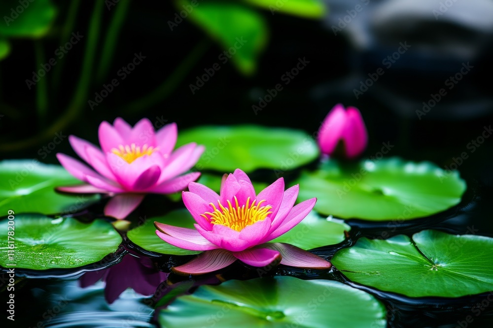 Two pink water lilies and a bud resting on lily pads in a dark pond with green foliage around it Two pink water lilies and a bud resting on lily pads in a dark pond with green foliage around it