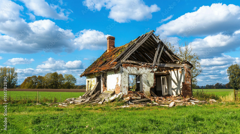 Abandoned farmhouse with collapsing wooden beams in vast empty field Abandoned farmhouse with collapsing wooden beams in vast empty field
