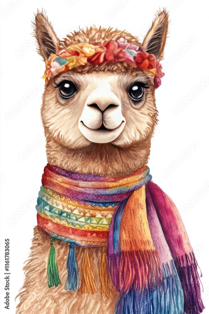 A cheerful llama wearing a colorful scarf and flower crown, exuding a playful vibe. A cheerful llama wearing a colorful scarf and flower crown, exuding a playful vibe.