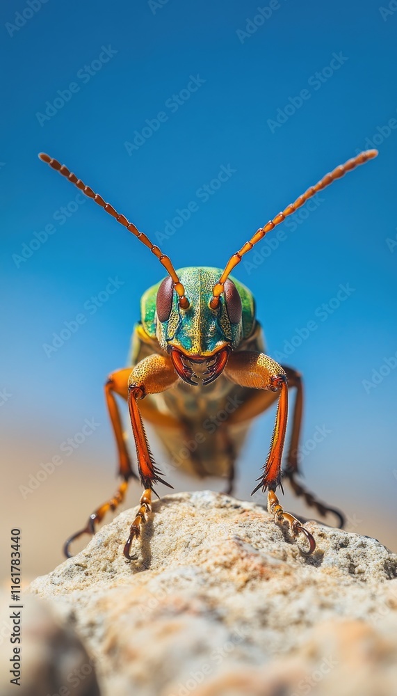 Fototapeta premium A close-up of a colorful grasshopper perched on a rock against a blue sky.