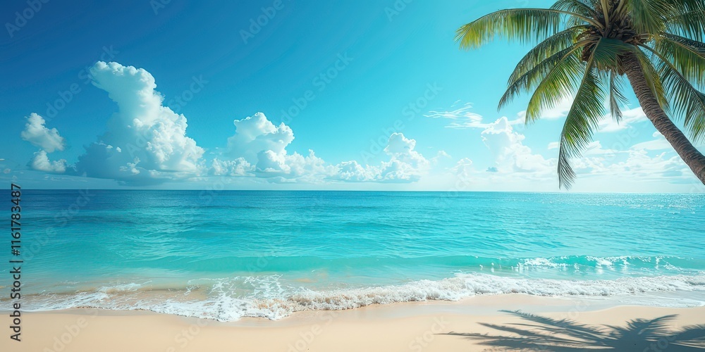 Fototapeta premium Tropical Paradise: Palm tree silhouette against a vibrant blue sky, with a tranquil turquoise ocean and pristine white sand beach, creating a serene and idyllic tropical escape. 