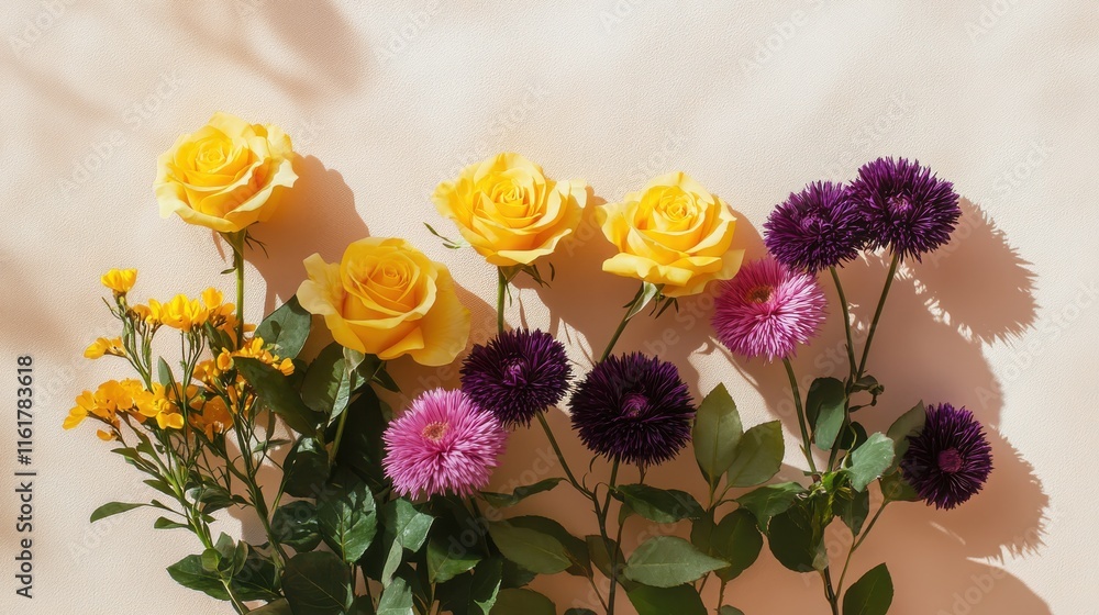 Obraz premium Yellow roses and purple asters on taupe background with diffused sunlight
