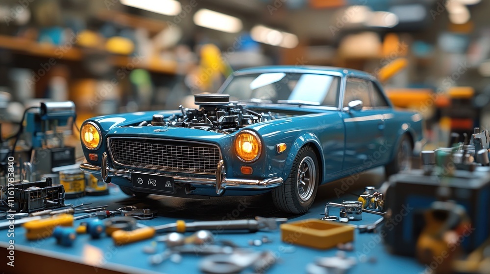 Obraz premium Classic car model with open hood, surrounded by tools on a workbench.