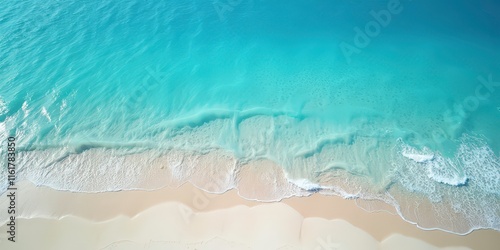 Aerial view of turquoise ocean waves gently lapping on a pristine white sandy beach 