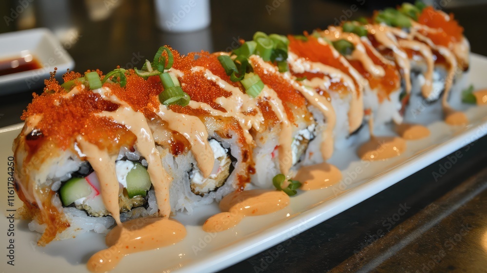 Delicious Sushi Rolls with Spicy Sauce and Toppings on a Plate Delicious Sushi Rolls with Spicy Sauce and Toppings on a Plate