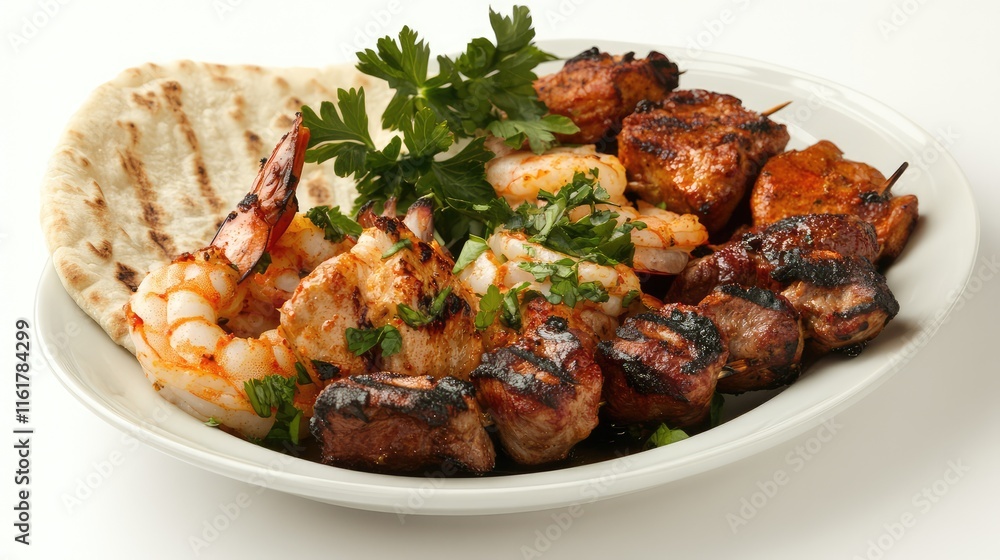 Fototapeta premium Grilled Meat and Shrimp Platter with Fresh Herbs and Pita Bread