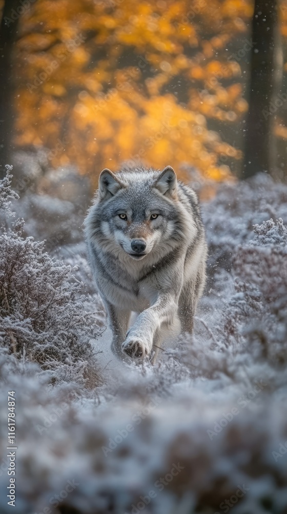 Naklejka premium A wolf walking through a frosty landscape with autumn foliage in the background.