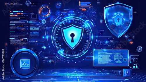 Wallpaper Mural Digital security interface with shield and lock symbols, emphasizing cybersecurity elements. Torontodigital.ca