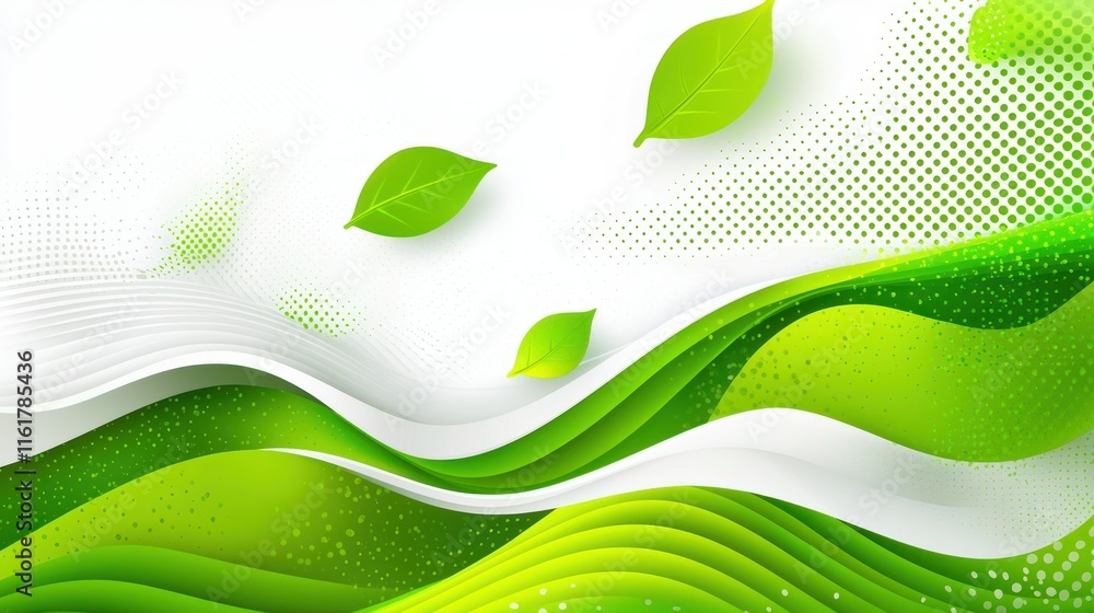 Abstract green wave background with leaves.