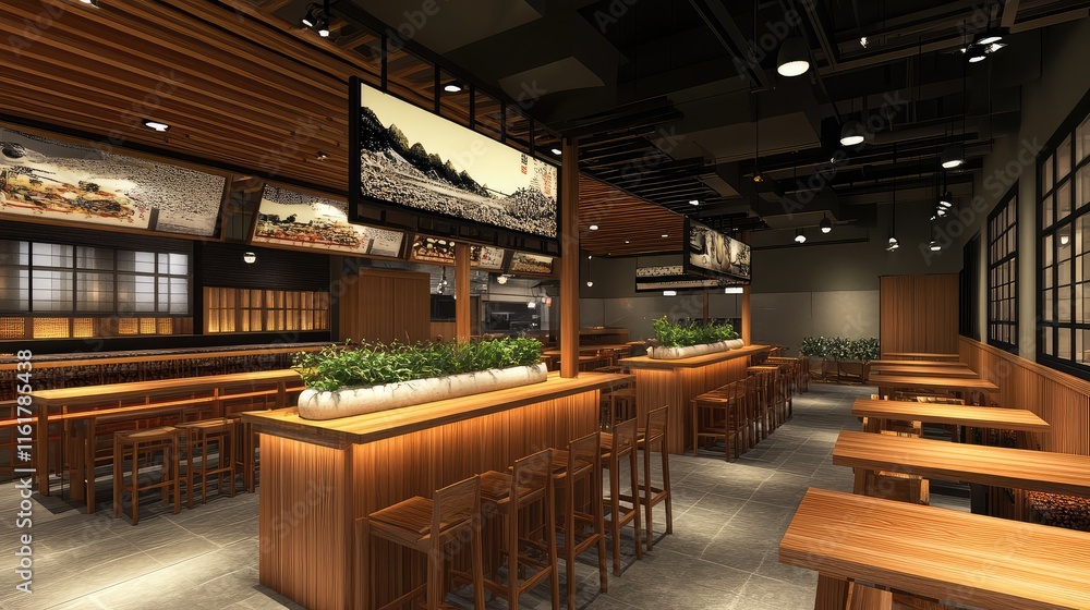 Modern Interior of a Stylish Restaurant with Wooden Decor Elements Modern Interior of a Stylish Restaurant with Wooden Decor Elements