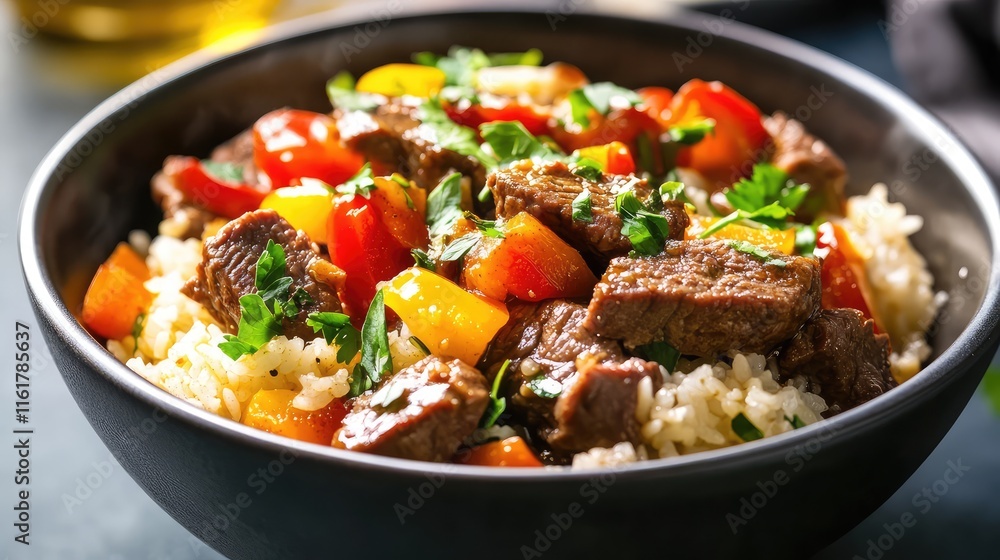Juicy Beef Chunks with Colorful Bell Peppers and Rice Bowl Juicy Beef Chunks with Colorful Bell Peppers and Rice Bowl