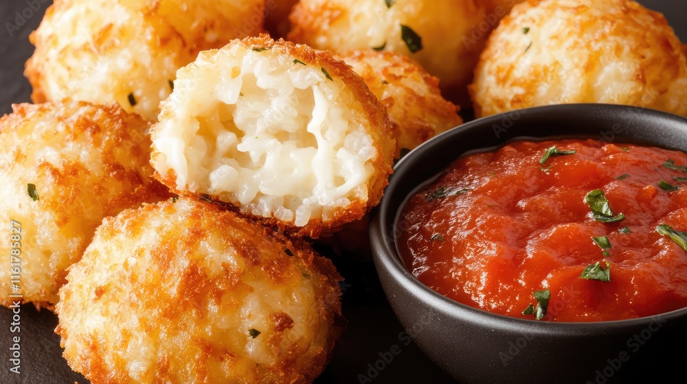 Crispy Fried Cheese Balls with Marinara Sauce on a Dark Background Crispy Fried Cheese Balls with Marinara Sauce on a Dark Background