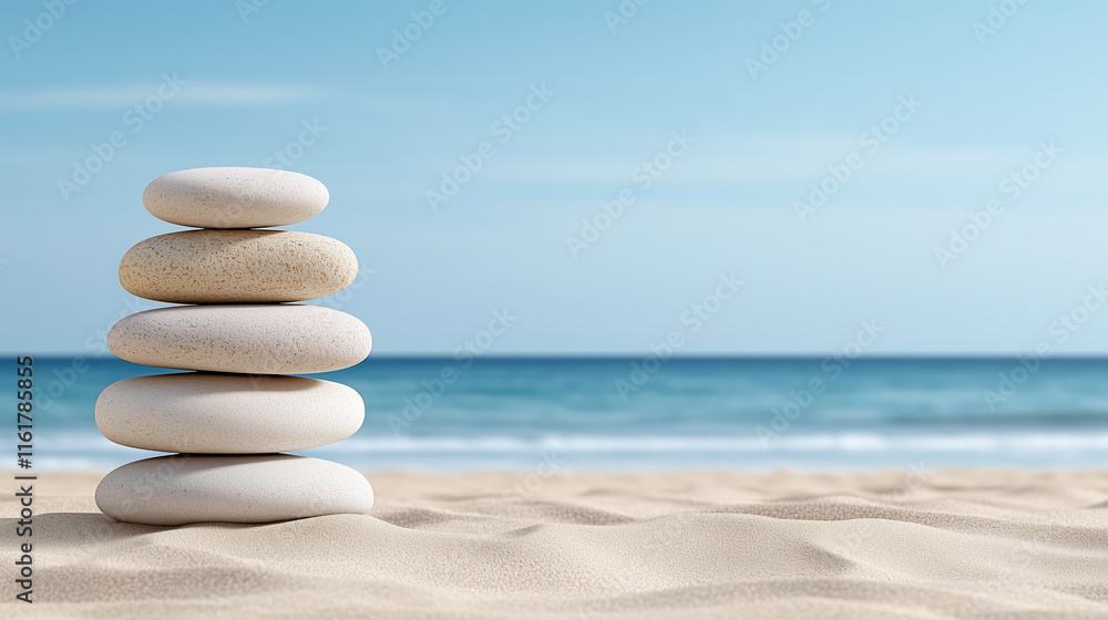Balanced stones on sandy beach with ocean view create serene atmosphere
