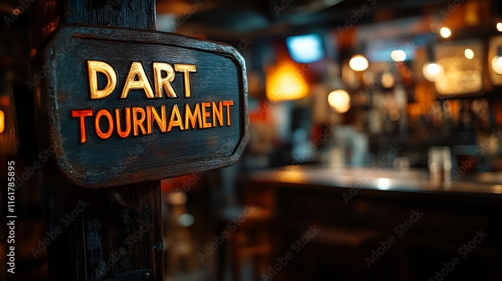 Sign that reads “DART TOURNAMENT”. - bar - pub - contest - bullseye - throwing - dart board