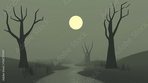 Eerie moonlit swamp scene with bare trees and a meandering stream. photo