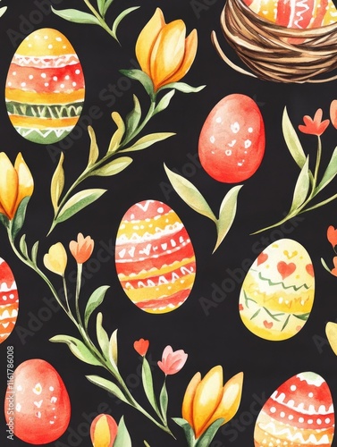 A colorful Easter-themed design featuring decorated eggs and blooming flowers on a dark background.