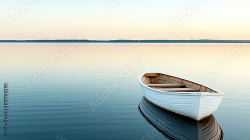 serene white boat floats on calm water at sunset, reflecting tranquility