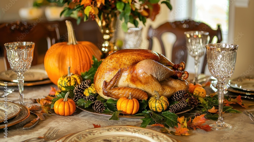 A festive Thanksgiving table setting with a roasted turkey, pumpkins, and autumn leaves, ready for a family feast.