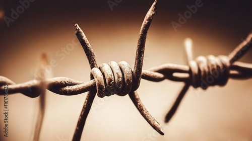 Close-up of barbed wire, highlighting its sharpness and industrial texture.