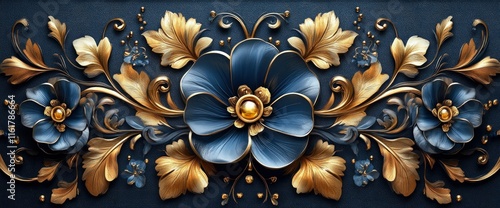 Luxurious 3D Floral Ornament Gold and Blue Baroque Design