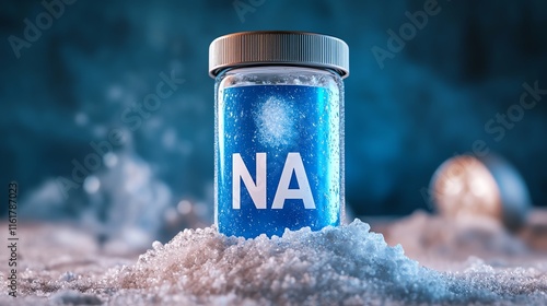 Close-up of a jar filled with blue sodium crystals, surrounded by white salt. photo