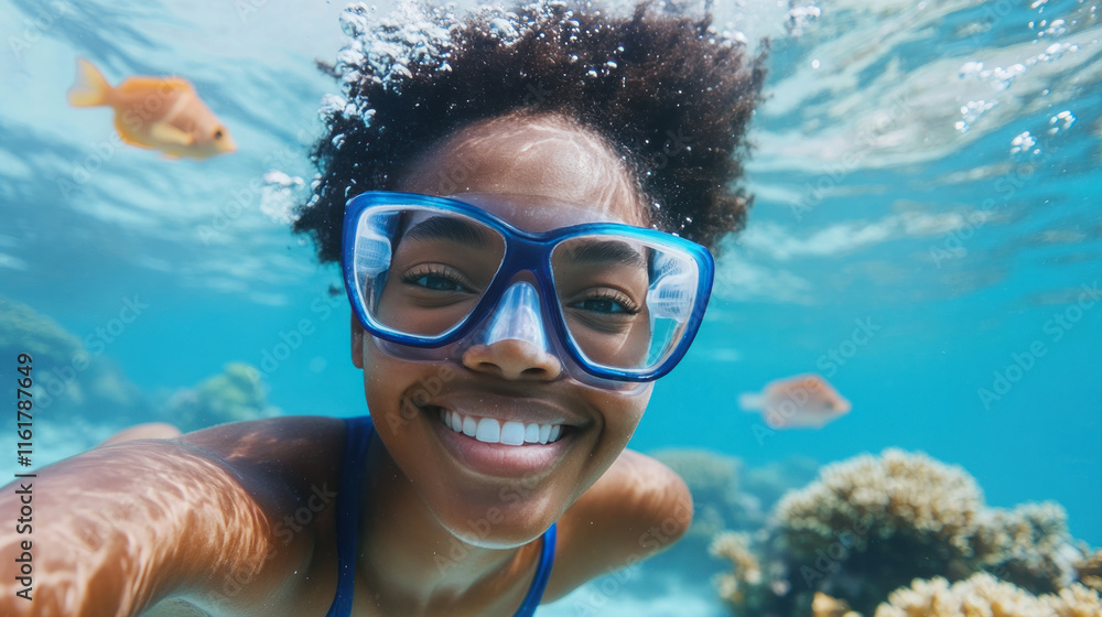 Naklejka premium Afro woman swimming dive underwater at coral reefs with fishes