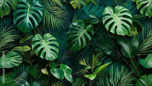 Wallpaper Mural tropic background, Abstract foliage and botanical background. Green tropical forest wallpaper of monstera leaves, palm leaf, branches in hand drawn pattern. Exotic plants background for banner, print Torontodigital.ca