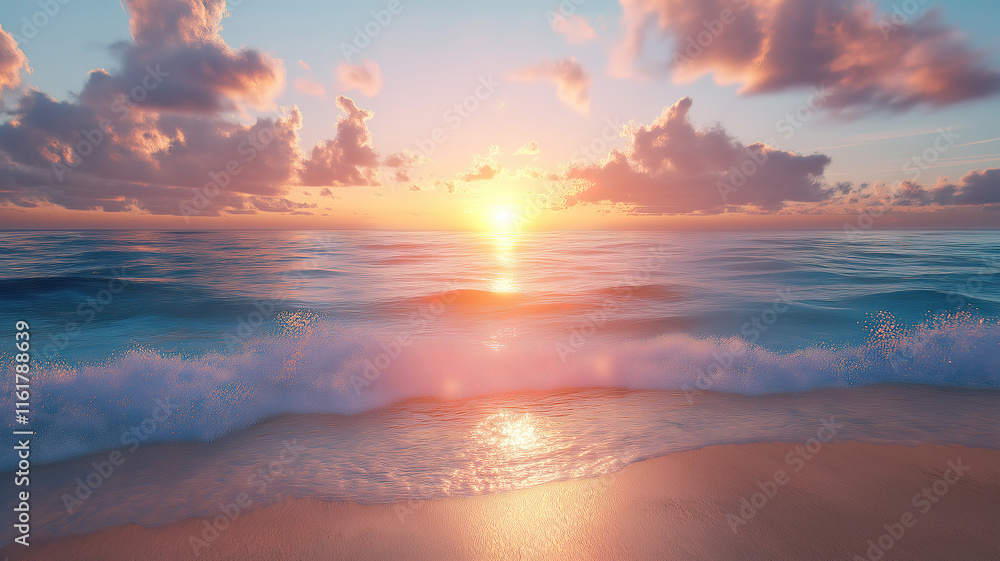 Stunning beach sunrise with soft golden light over the calm ocean waves and sandy shore Stunning beach sunrise with soft golden light over the calm ocean waves and sandy shore