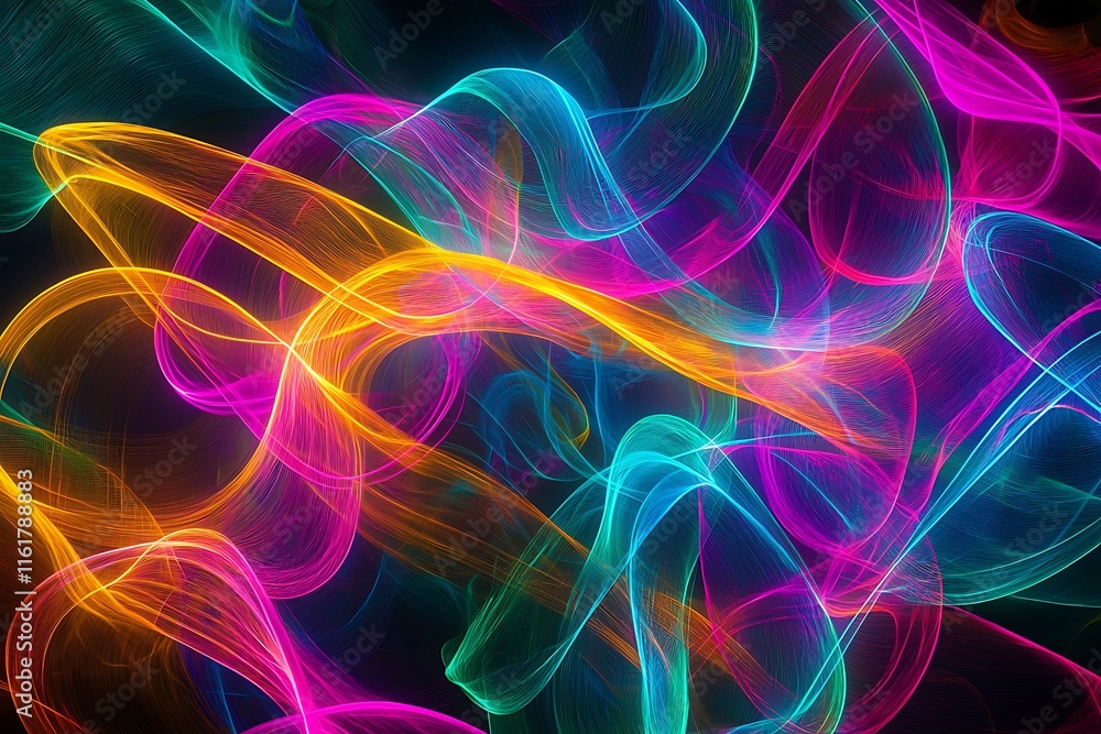 A vibrant pattern of interconnected lines that stretch infinitely, glowing in the dark. A vibrant pattern of interconnected lines that stretch infinitely, glowing in the dark.