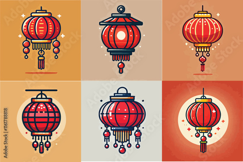 set of red Chinese lanterns lamp. traditional chinatown decoration