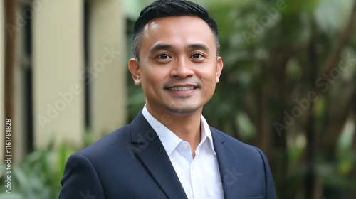 Confident Businessman Smiling Outdoors in a Professional Attire photo