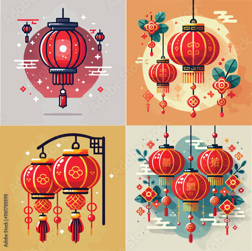 set of red Chinese lanterns lamp. traditional chinatown decoration
