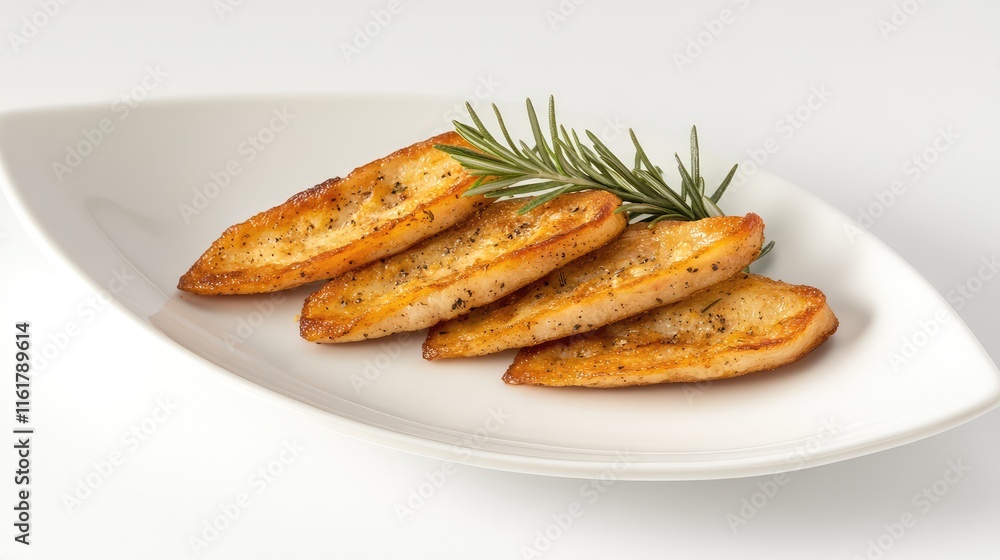 Crispy Golden Potato Slices on White Plate with Fresh Herb Garnish Crispy Golden Potato Slices on White Plate with Fresh Herb Garnish
