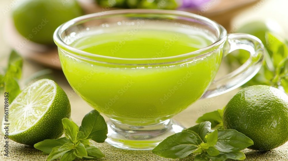 A vibrant green drink served in a clear cup, garnished with lime. A vibrant green drink served in a clear cup, garnished with lime.