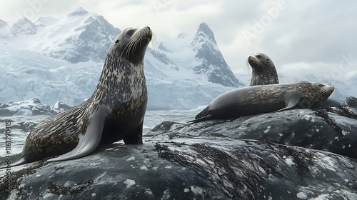 Majestic Leopard Seals on Antarctic Rocks photo